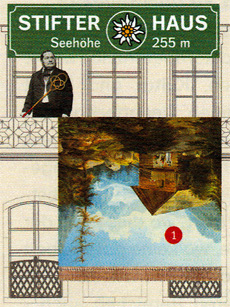Detail der StifterHaus-Fassade mit dem Landschafsbild „Im Gosautal"